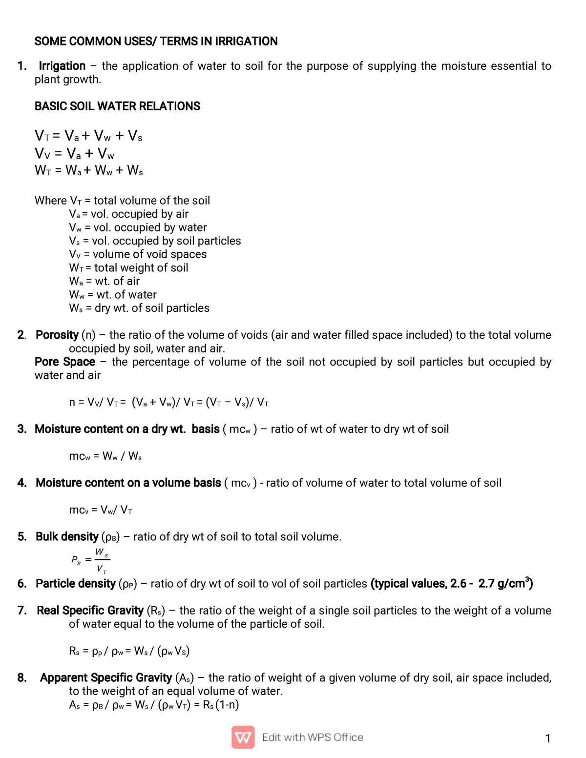 Irrigation And Drainage Review Handouts - SOME COMMON USES/ TERMS IN ...