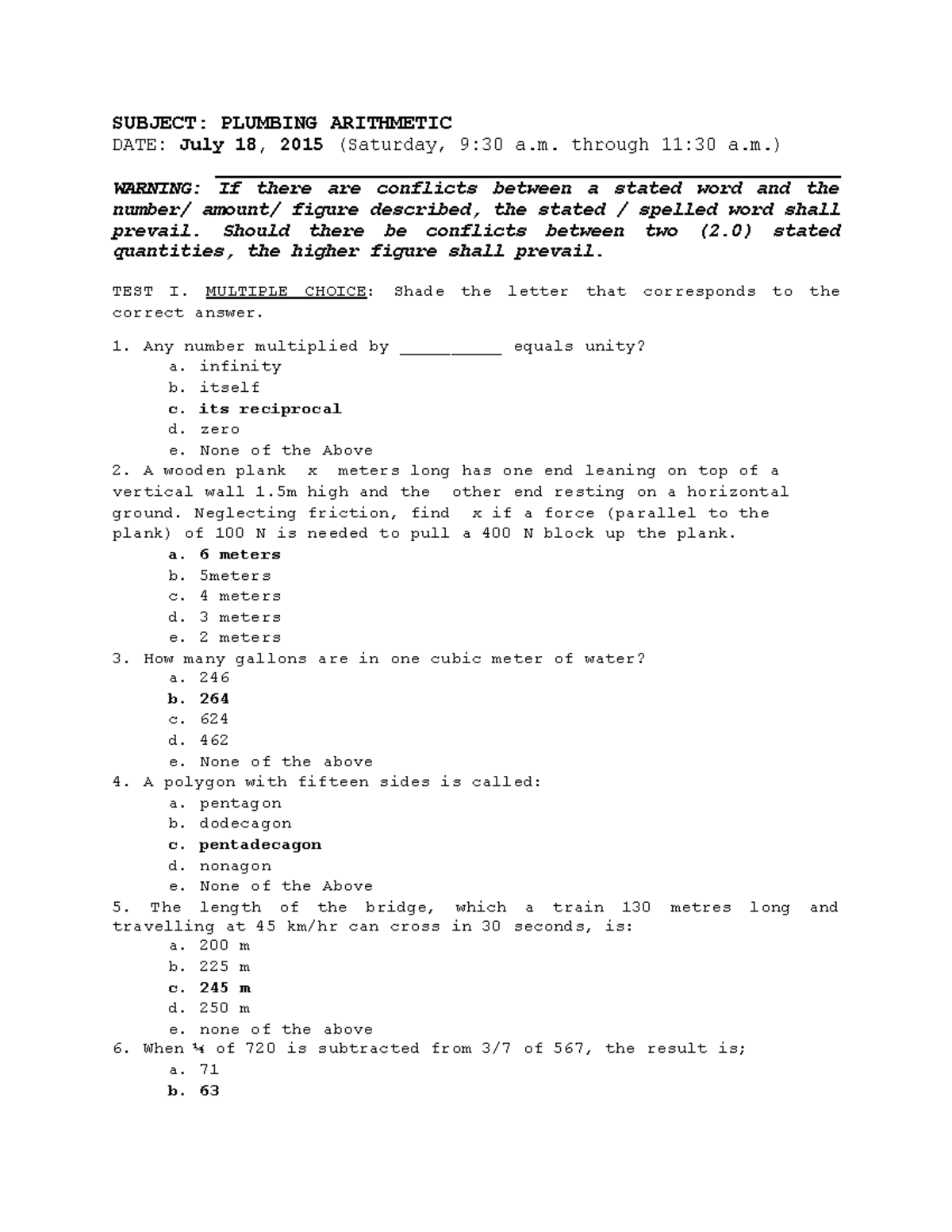 Mock board for math master plumbing arithmetic 2015 (answer key ...