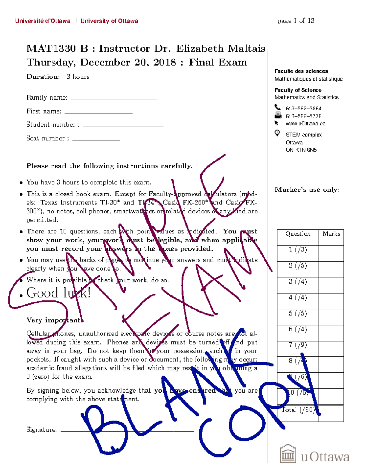 MAT1330 Sample Final Exam Blank Copy - Facult ́e Des Sciences Math ...