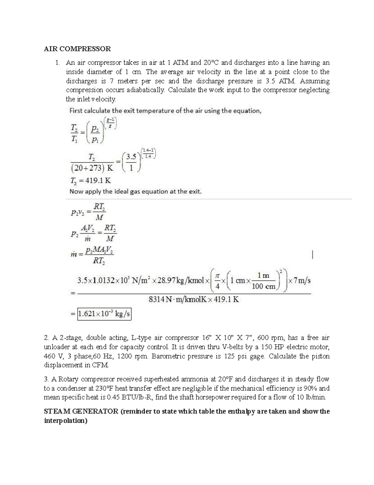 IPE-Q3 - notes - AIR COMPRESSOR An air compressor takes in air at 1 ATM ...