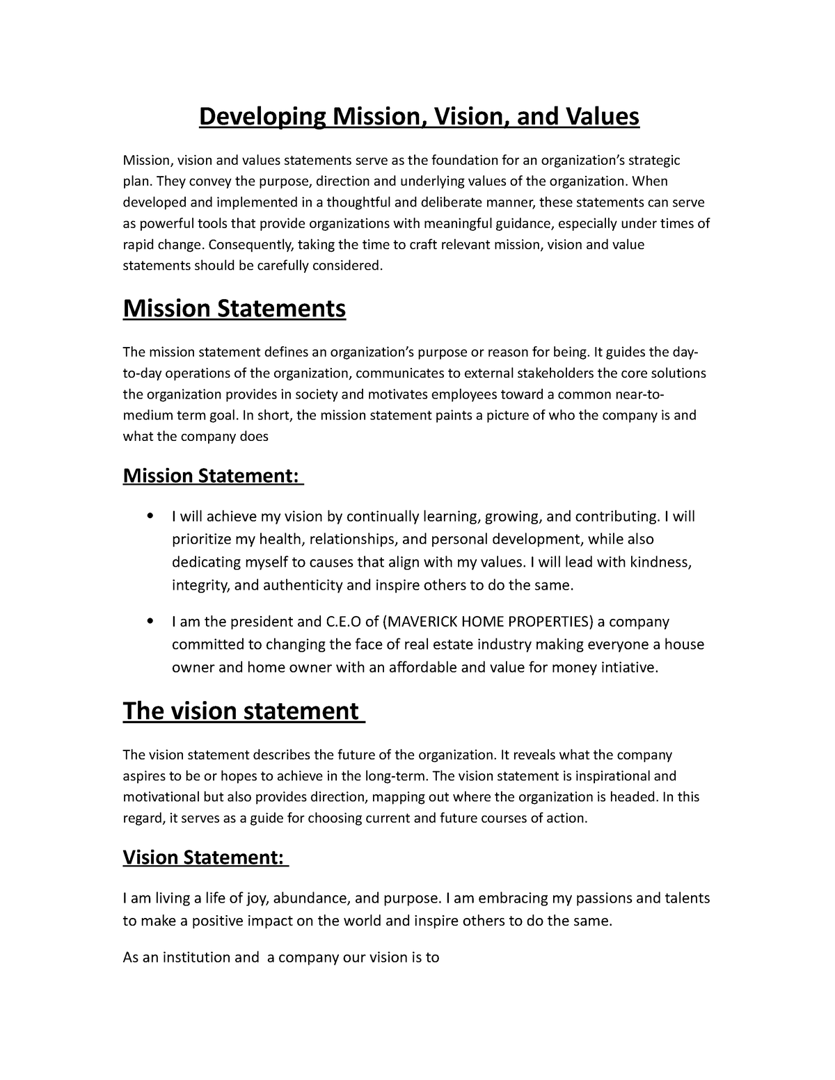 Learning Guide Unit 4 - Developing Mission, Vision, and Values Mission ...