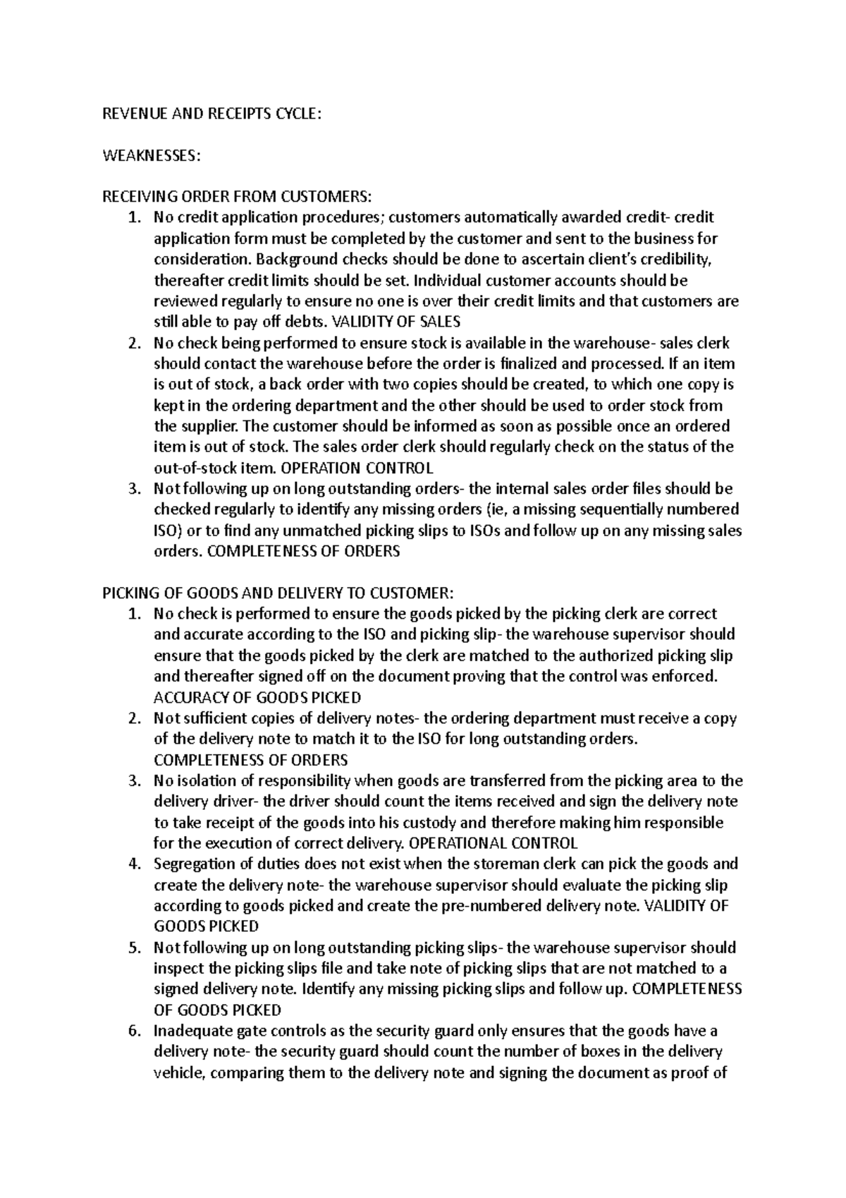 Revenue AND Receipts Cycle - REVENUE AND RECEIPTS CYCLE: WEAKNESSES ...