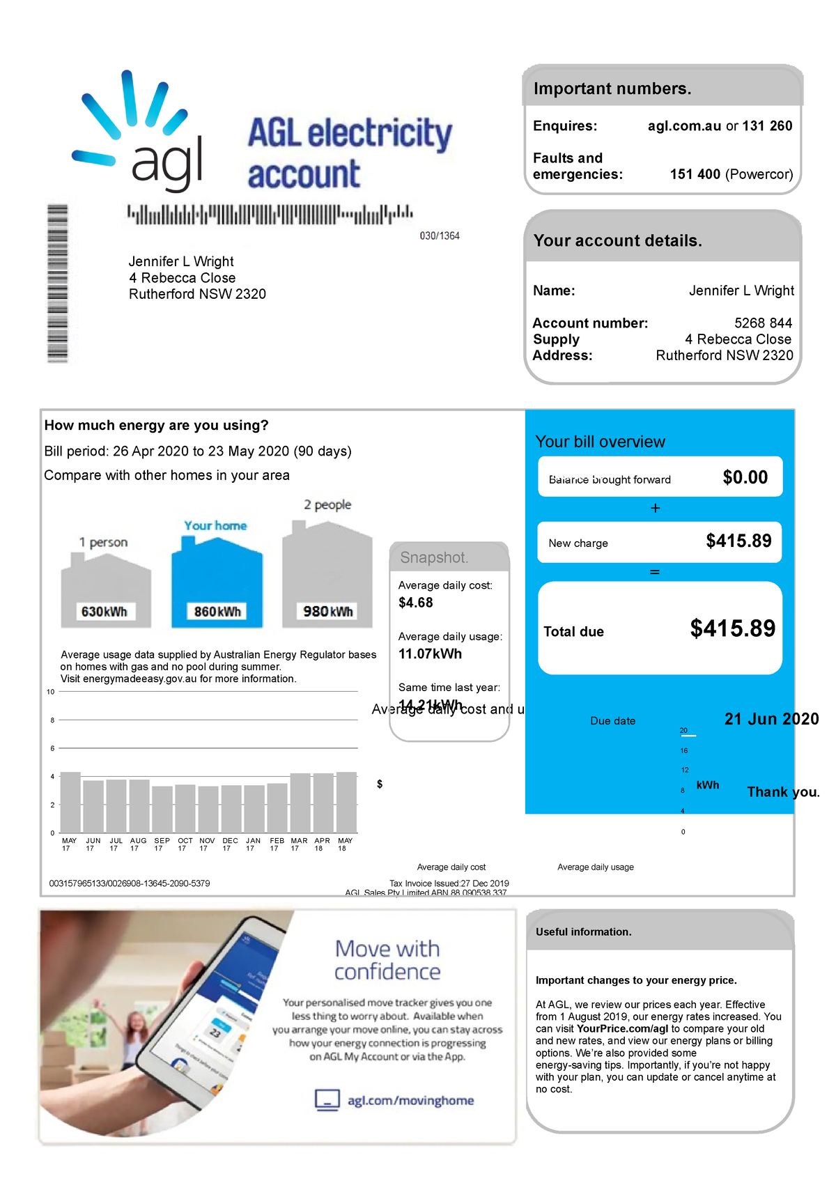 Agl electricity account Lawrence Topping Jennifer L Wright 4