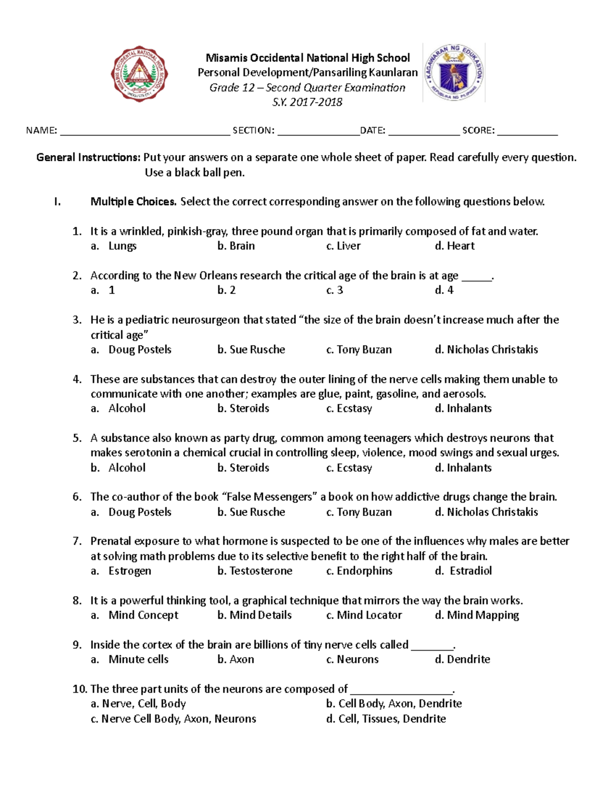 Q2-TQ - summary on perdev - Misamis Occidental National High School ...