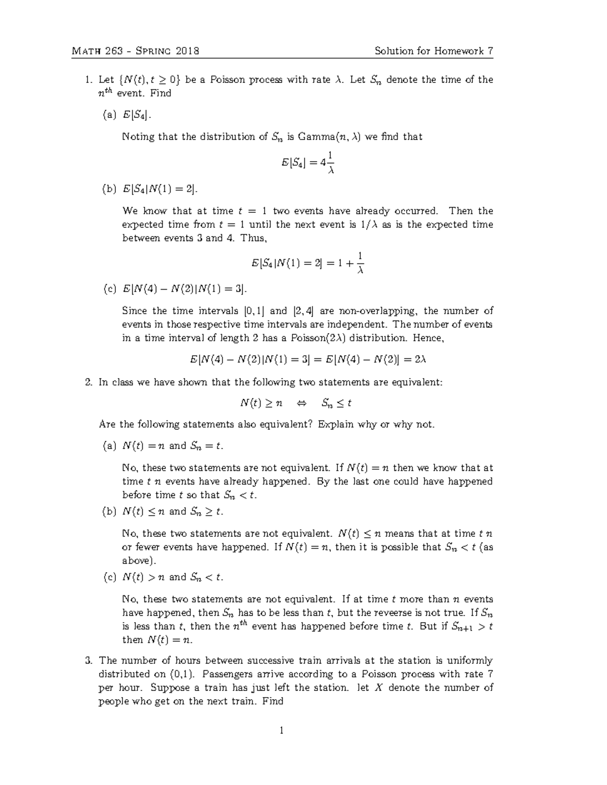 Homework 263 Solutions 7 - Let{N(t), t≥ 0 }be a Poisson process with ...