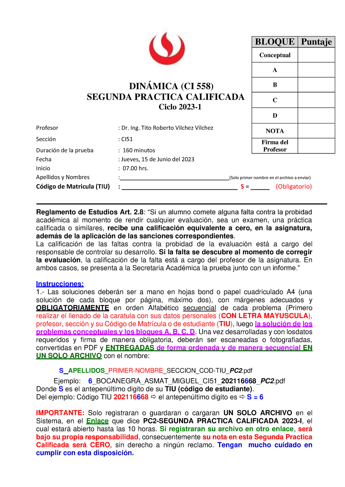 Pc2 Dinamica Upc 2023 1 Ci51 DinÁmica Ci 558 Segunda Practica Calificada Ciclo 2023 7997