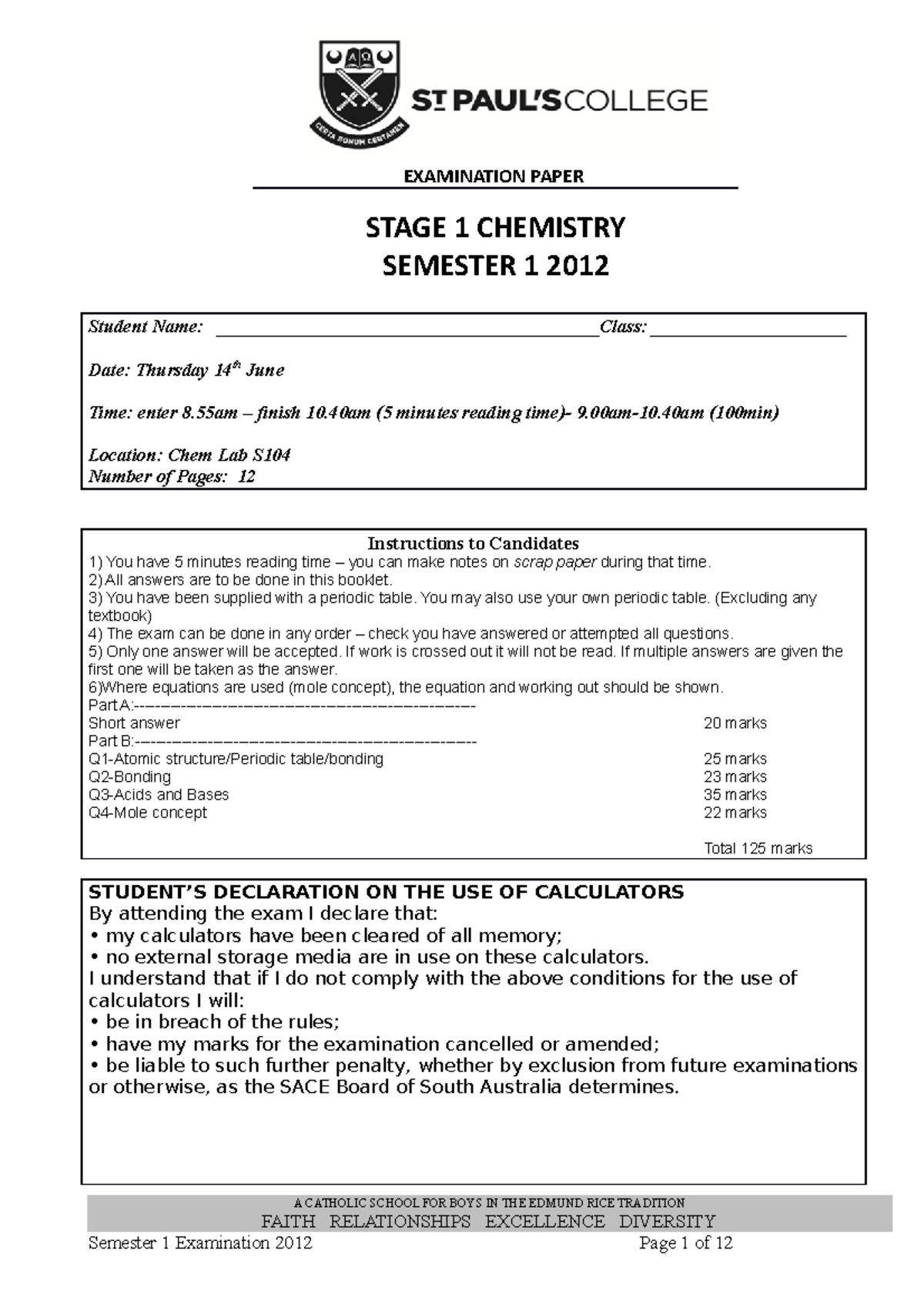 Semester 1 Practice Exam - Student Name ...