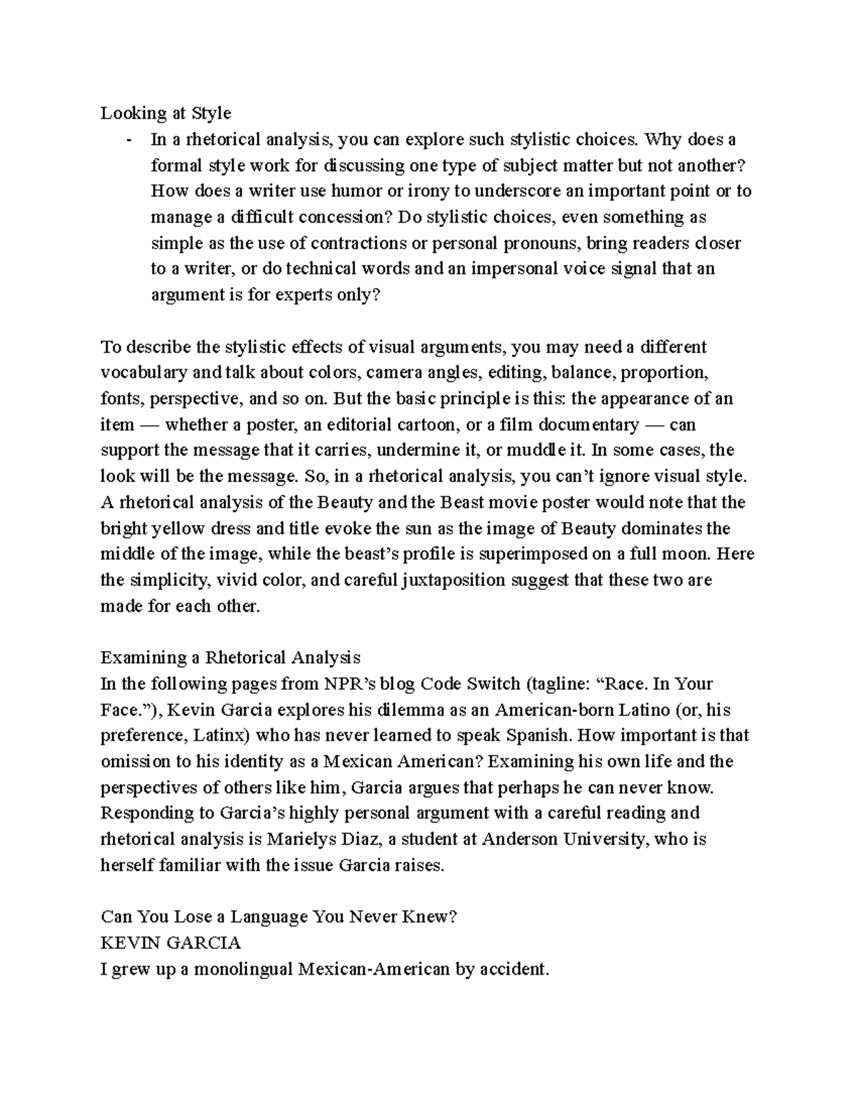 Rhetoric and Composition notes 24 Looking at Style In a rhetorical analysis, you can explore