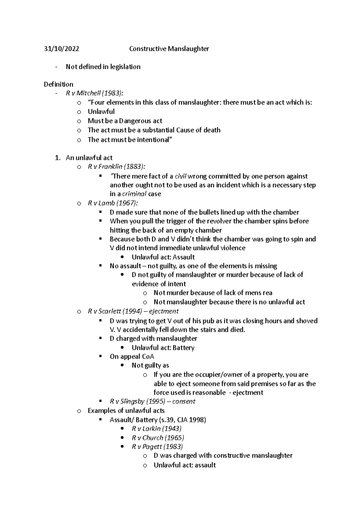 Lecture 10 constructive manslaughter - 31/10/2022 Constructive ...