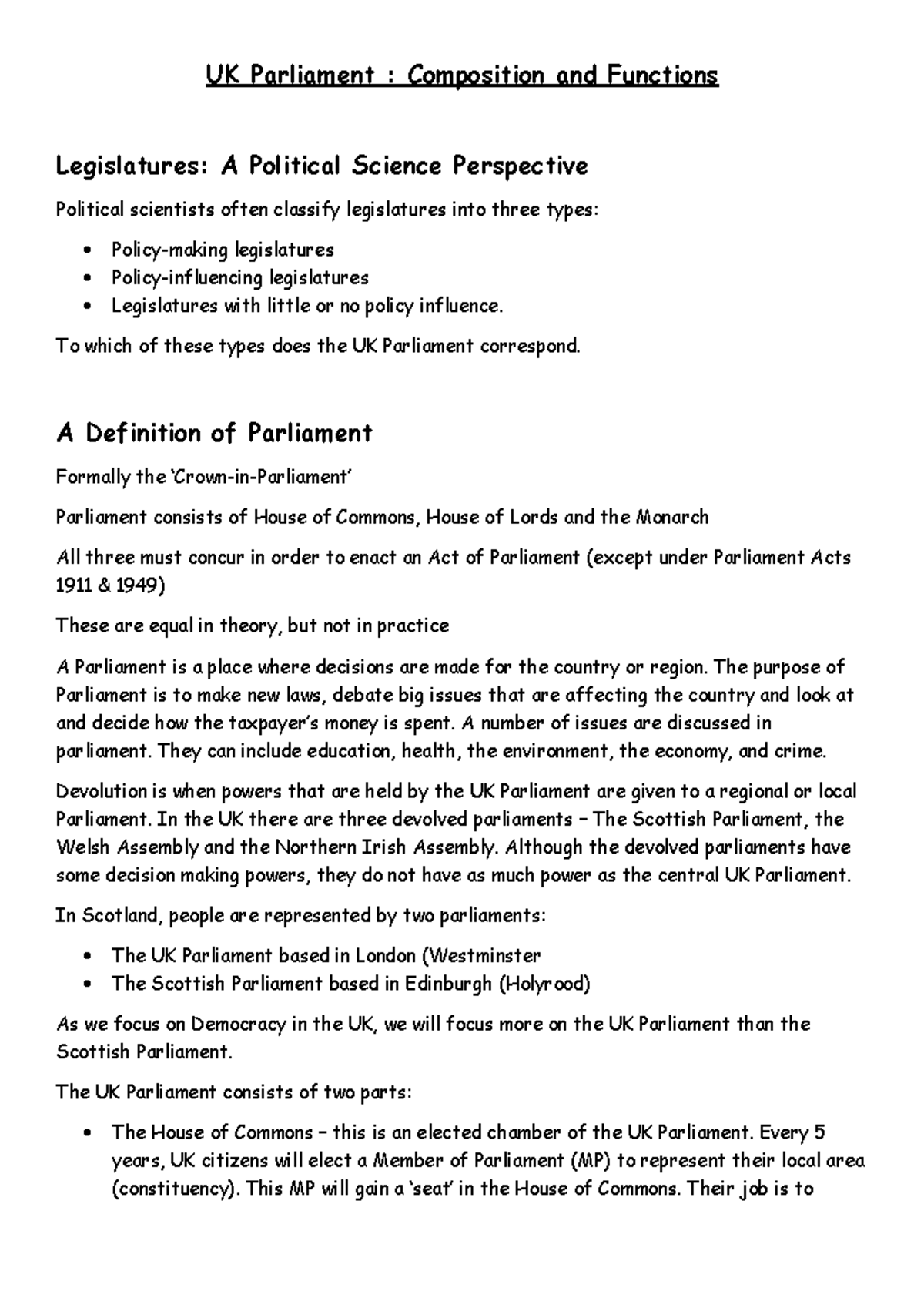 Lecture 6 - UK Parliament : Composition and Functions Legislatures: A ...