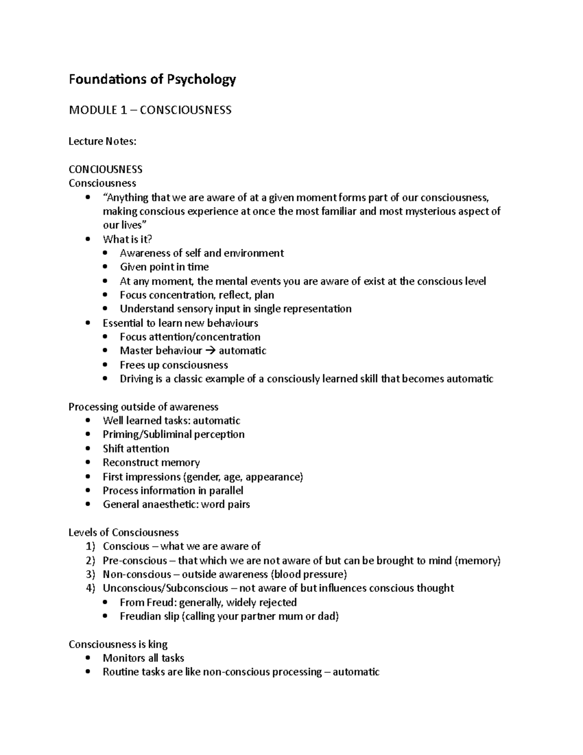 Foundations Of Psyc - Lecture 1 - Foundations Of Psychology MODULE 1 – CONSCIOUSNESS Lecture ...