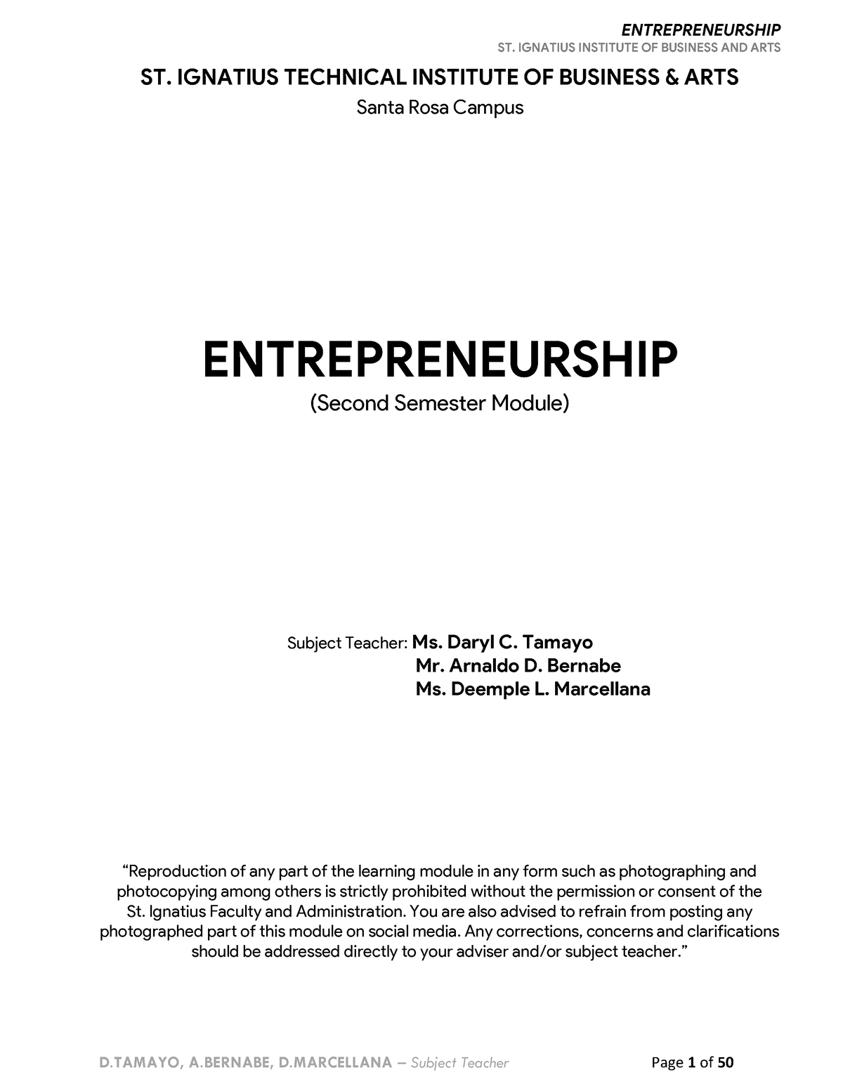 3-Entrepreneurship - entrepreneurship - ST. IGNATIUS INSTITUTE OF ...