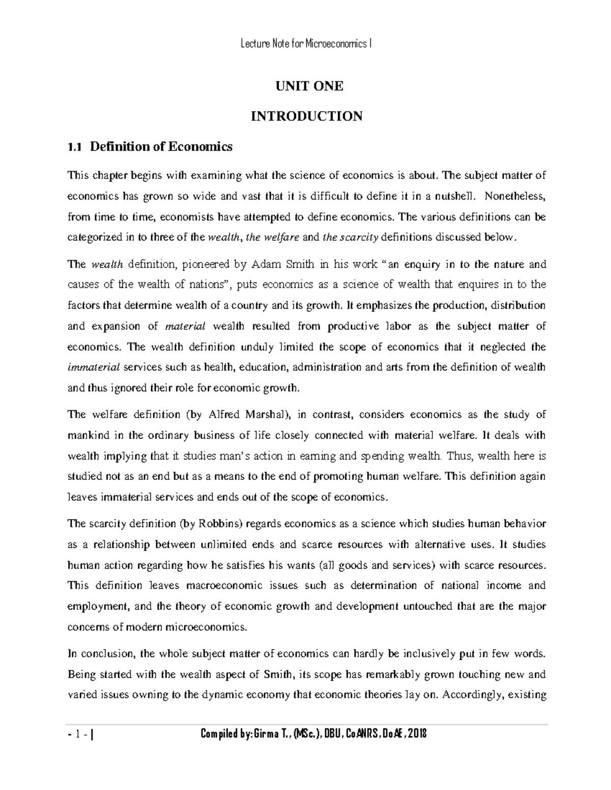 Microeconomics I - good notes - UNIT ONE INTRODUCTION 1 Definition of ...