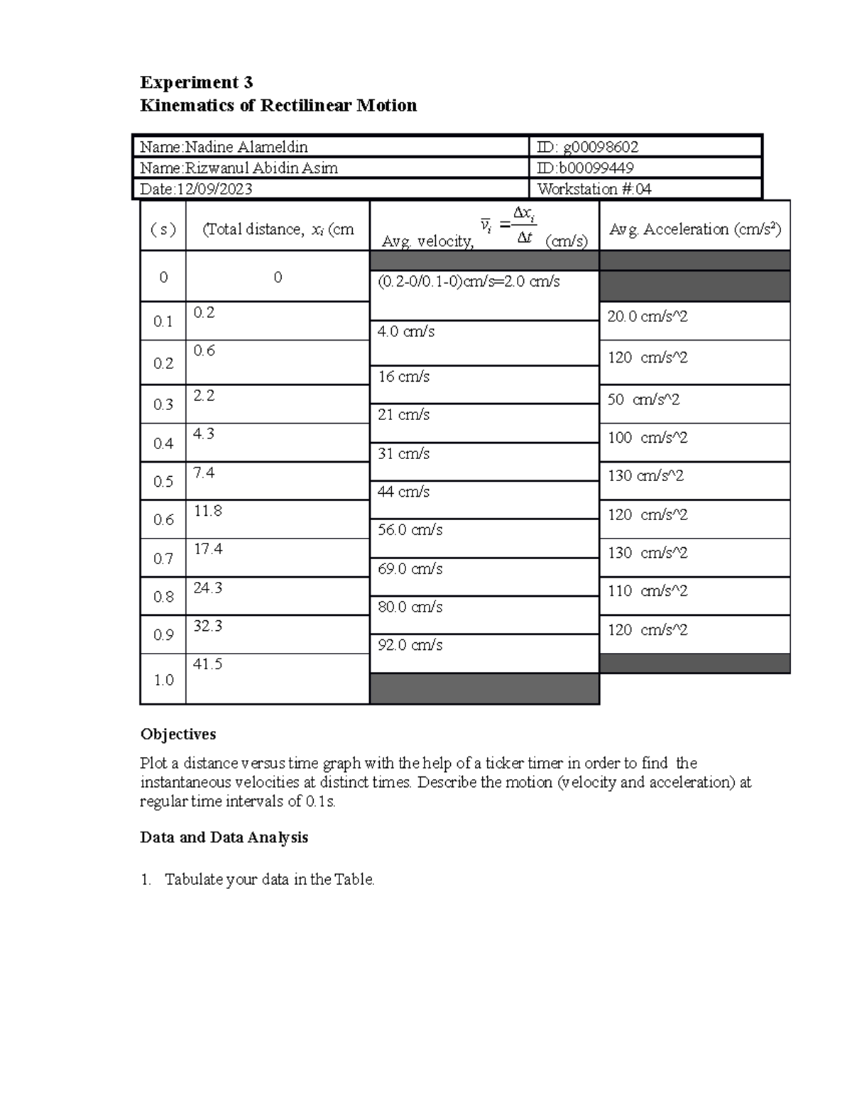 Lab Report Kinematics of Rectilinear Motion Experiment 3 Kinematics