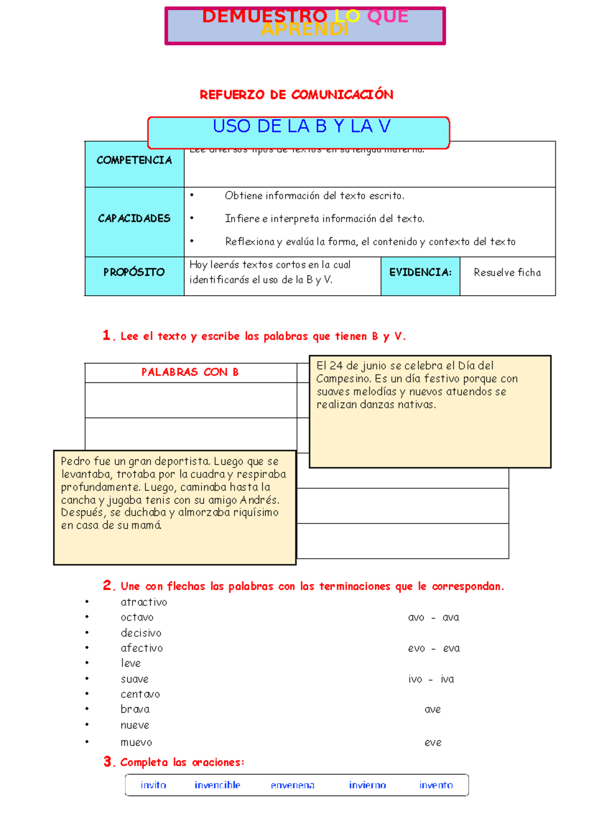 Ficha DE Reforzamiento COMU USO DE LA B Y V - APRENDÍ REFUERZO DE ...