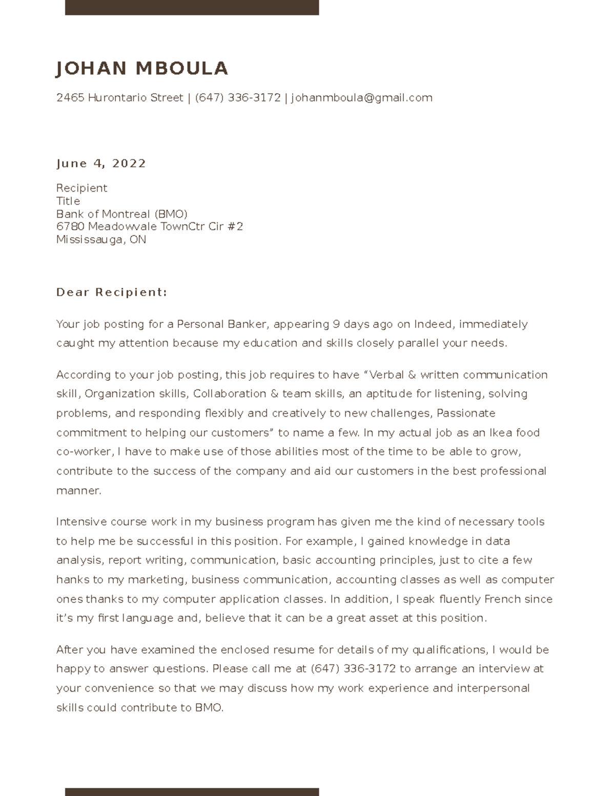 Mboula Johan Cover Letter - JOHAN MBOULA 2465 Hurontario Street | (647 ...