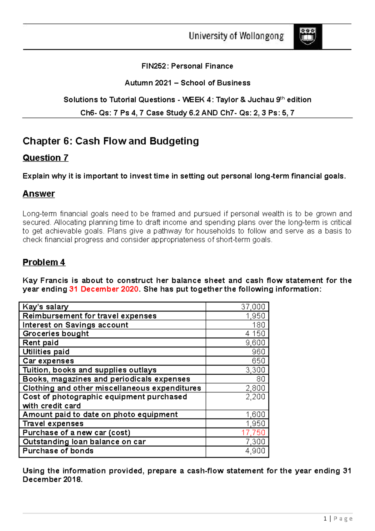 FIN252 Tutorial Topic 3 Solutions - FIN252: Personal Finance Autumn ...