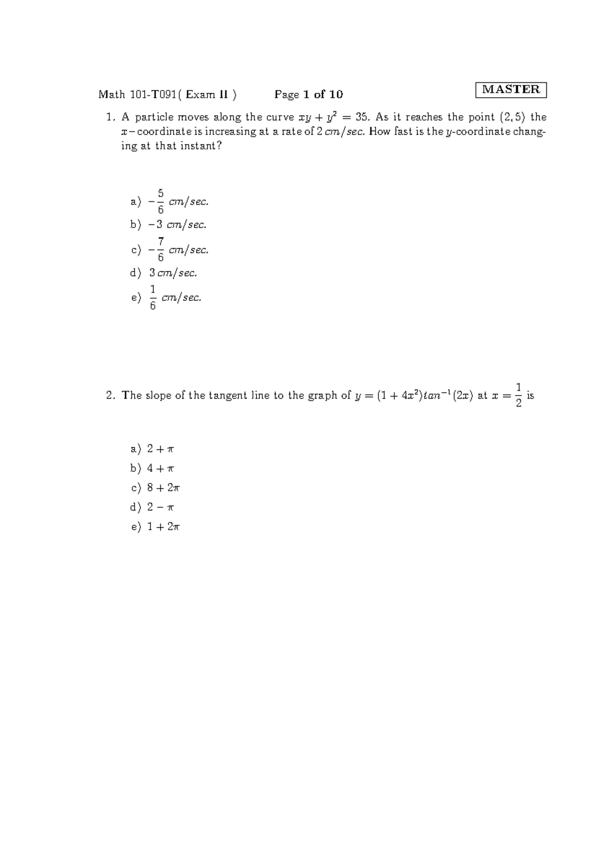 MATH101 091 Old-Exam Second-Major Master-Key - A particle moves along ...