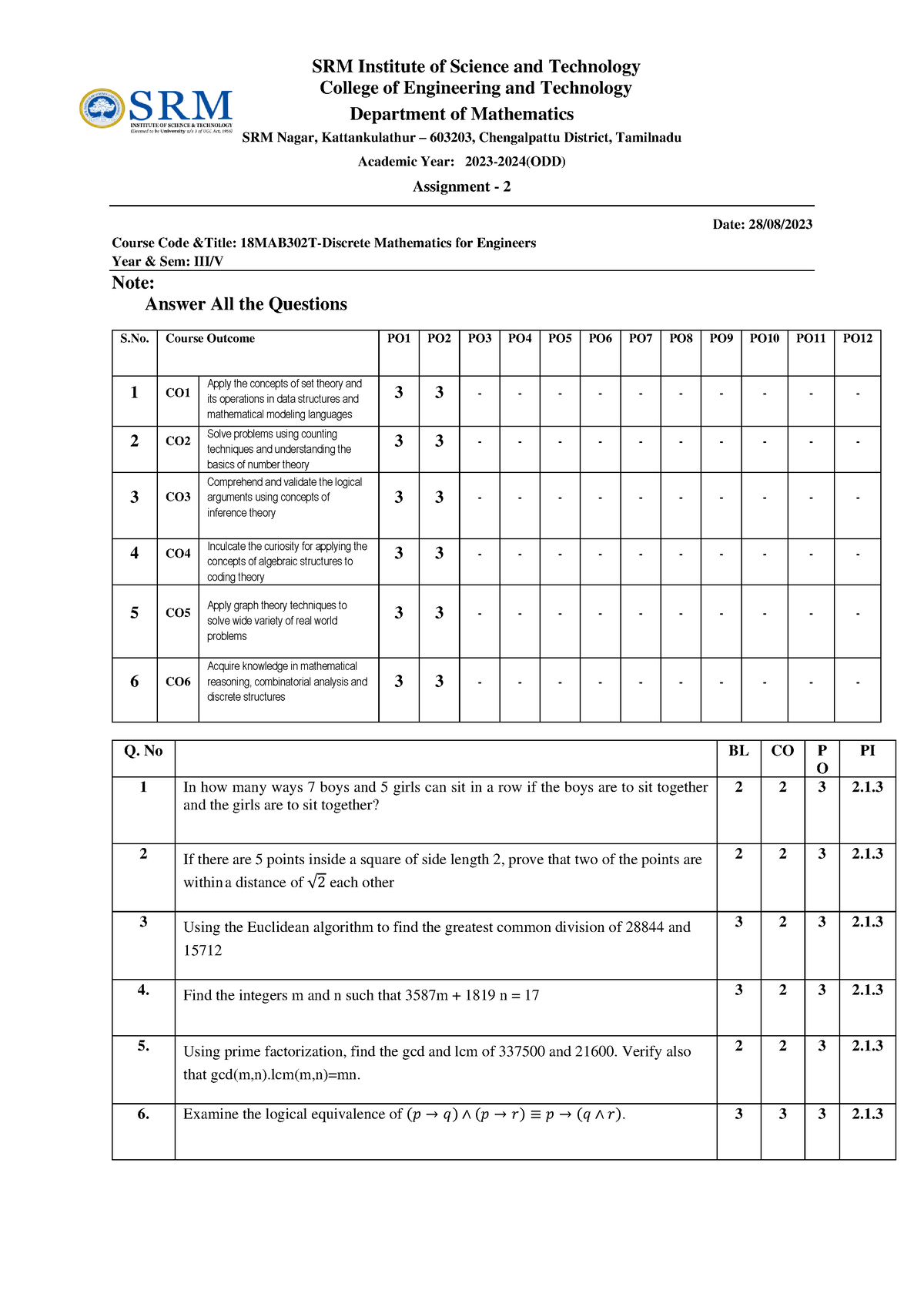 Assignment 2 18MAB302T-Discrete Mthematics - SRM Institute Of Science ...