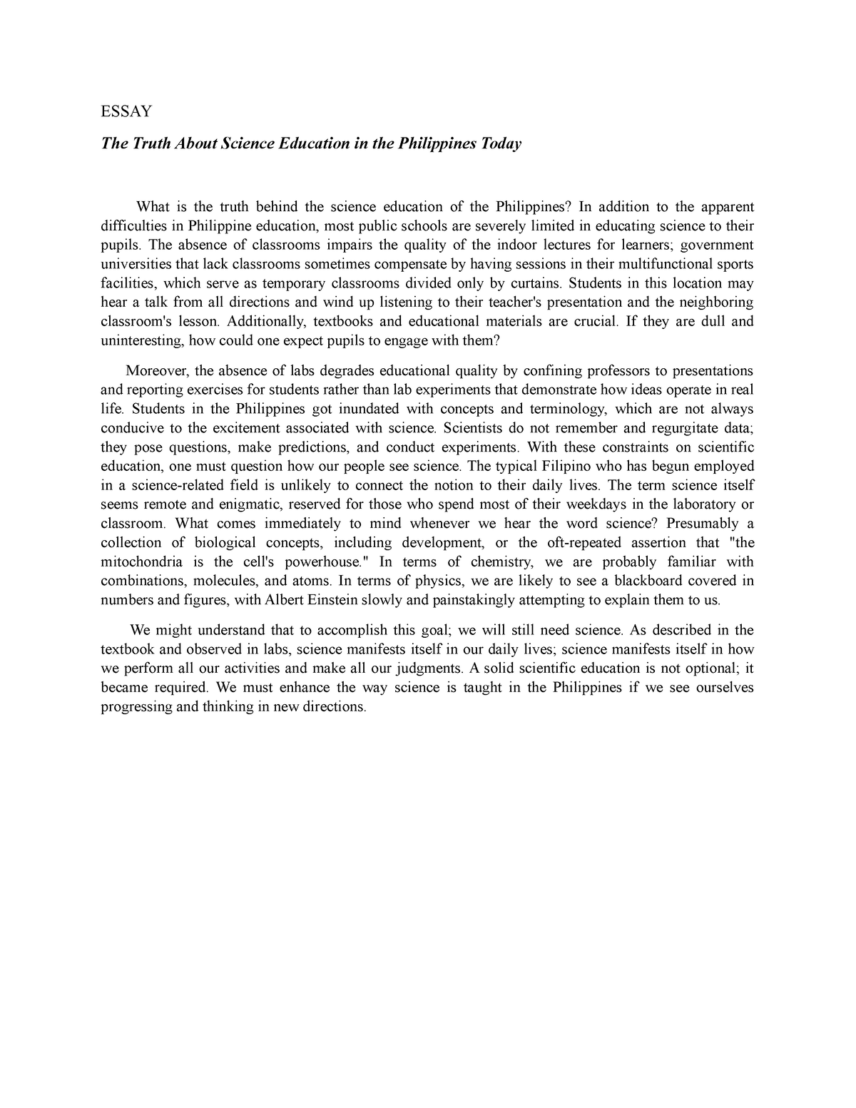 essay about the condition of science education in the philippines