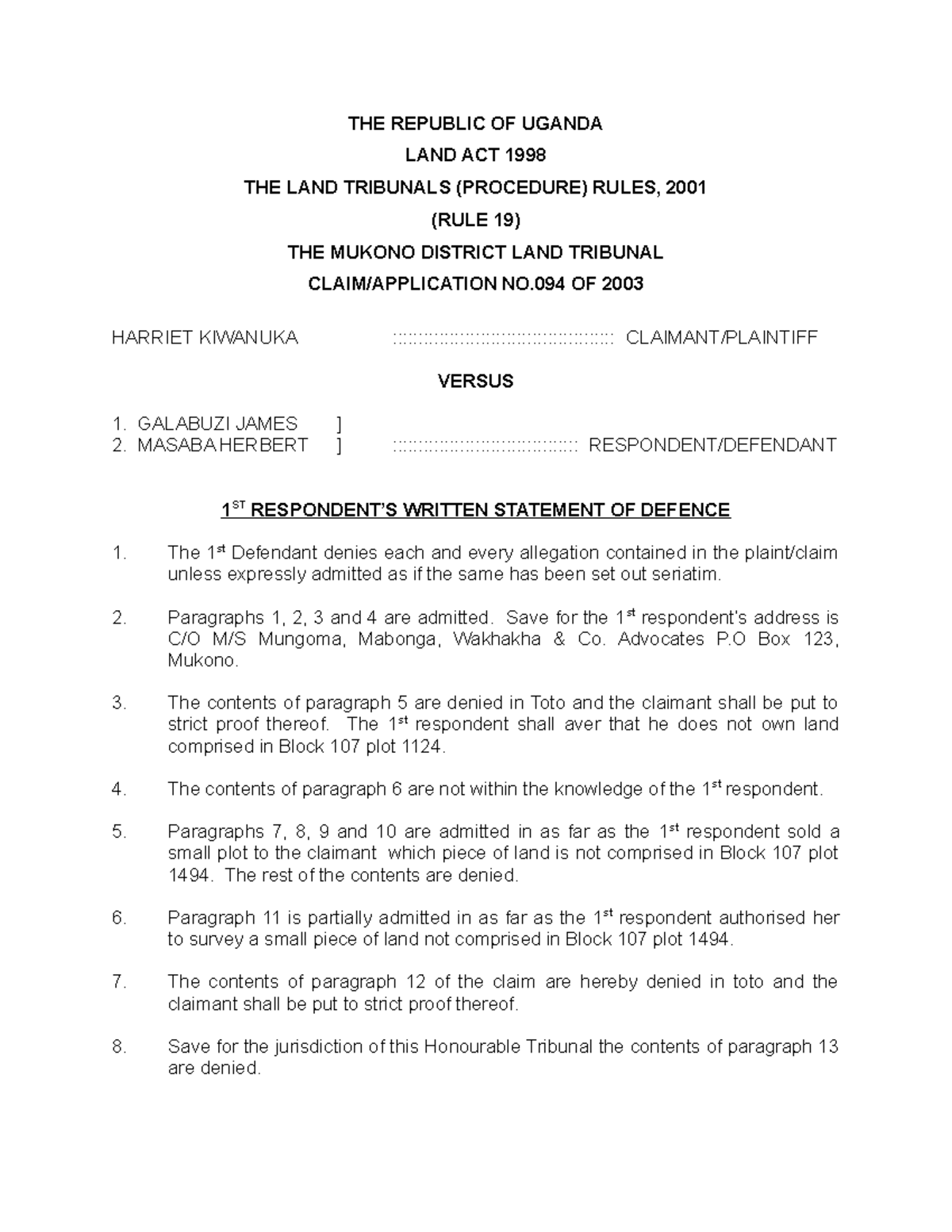 Land law Notes THE REPUBLIC OF UGANDA LAND ACT 1998 THE LAND