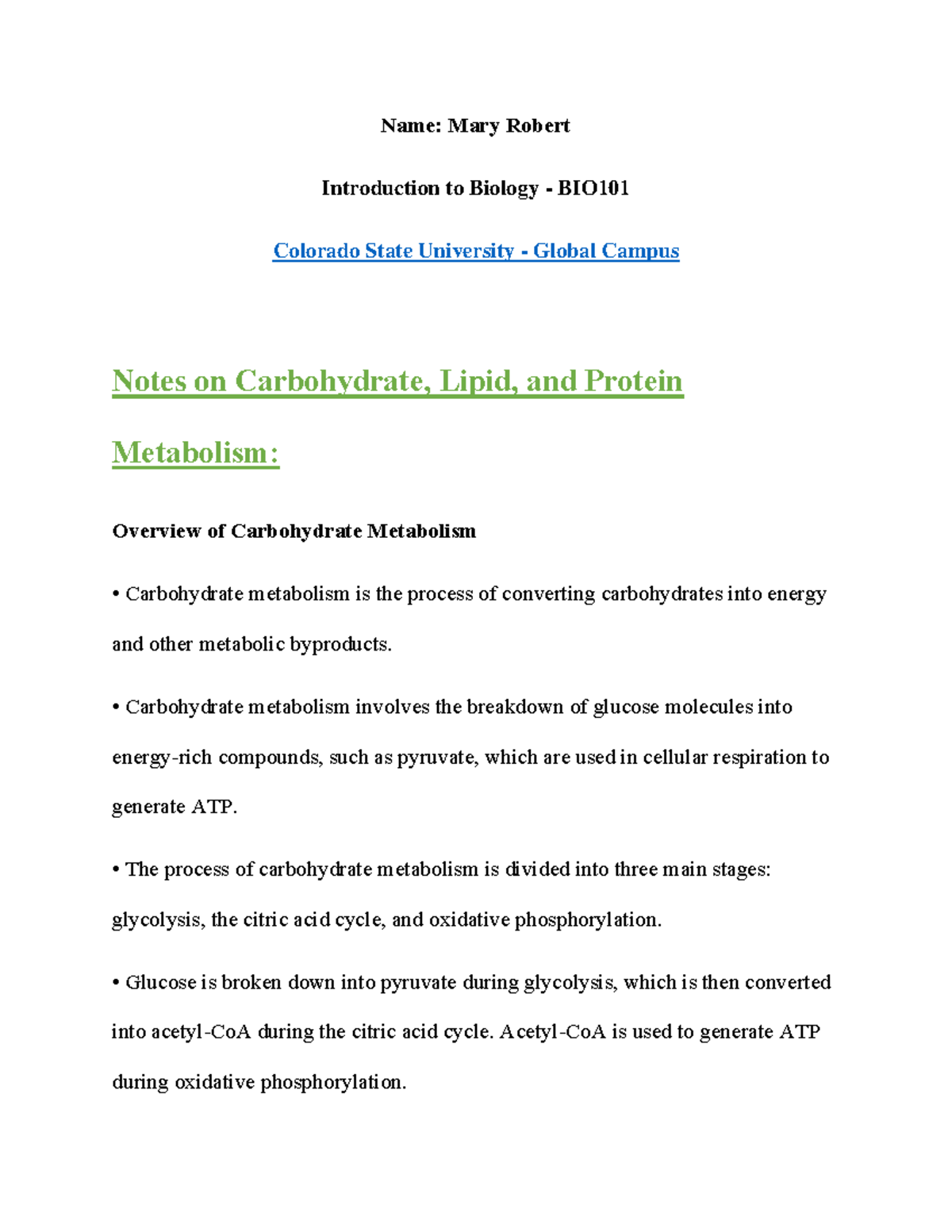 Carbohydrate, Lipid, and Protein Metabolism Namе Mary Robert