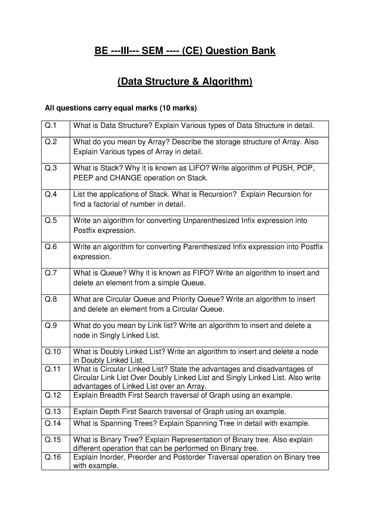 DSA1 Question BANK - BE -III- SEM - (CE) Question Bank (Data Structure ...