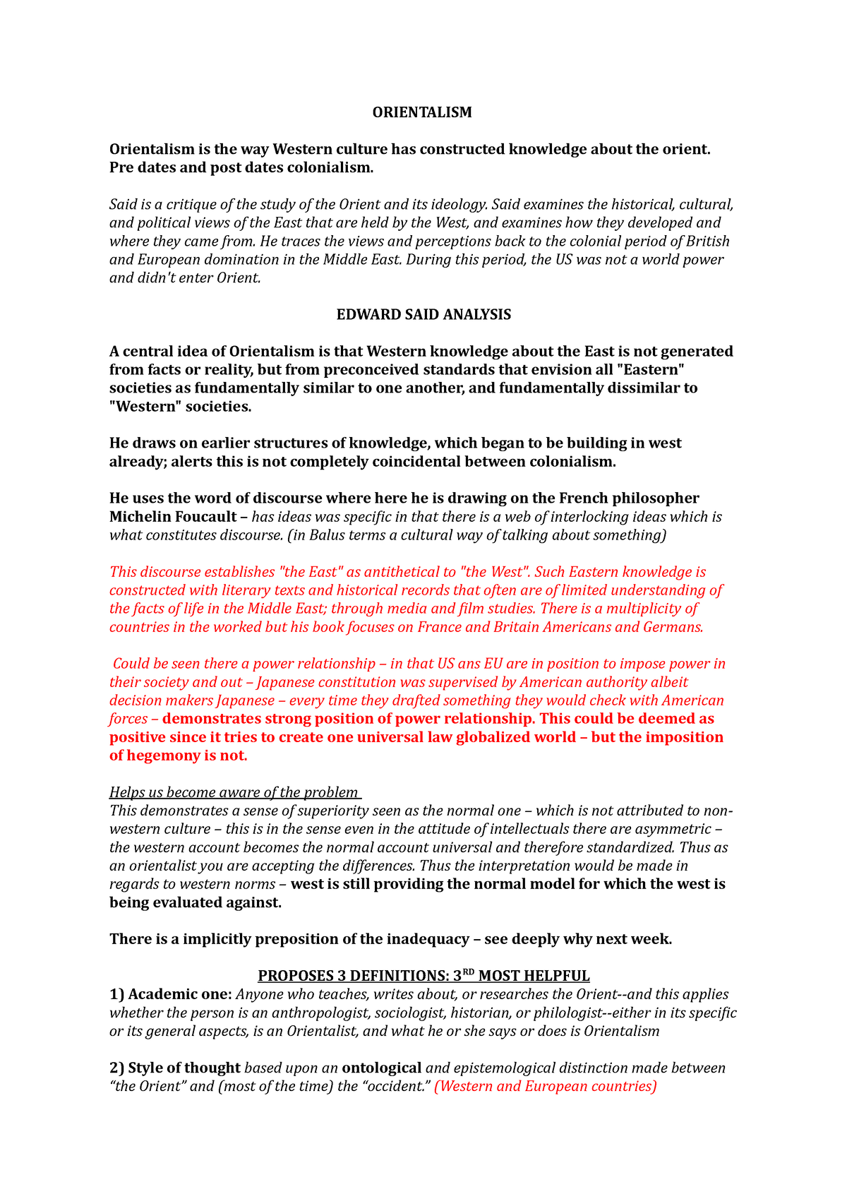 Orientalism - consolidate exam notes. - ORIENTALISM Orientalism is the ...