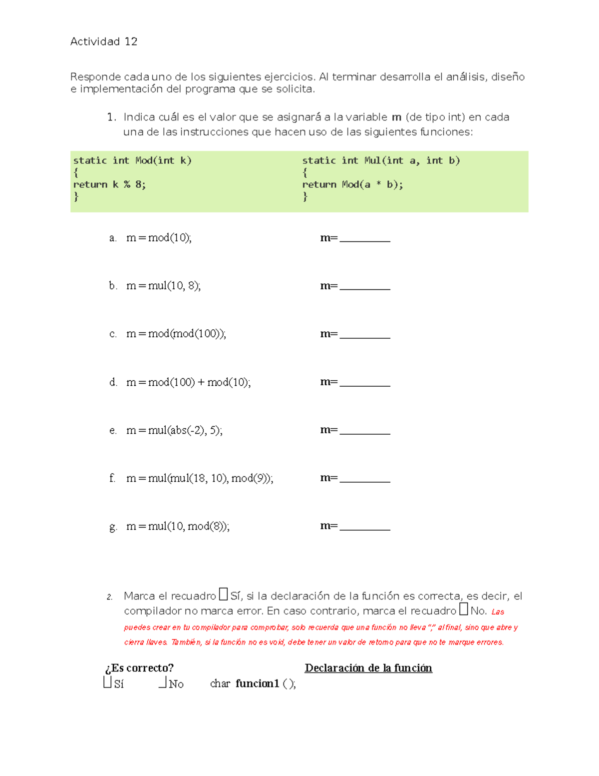 Actividad 12 Programacion - Actividad 12 Responde cada uno de los ...