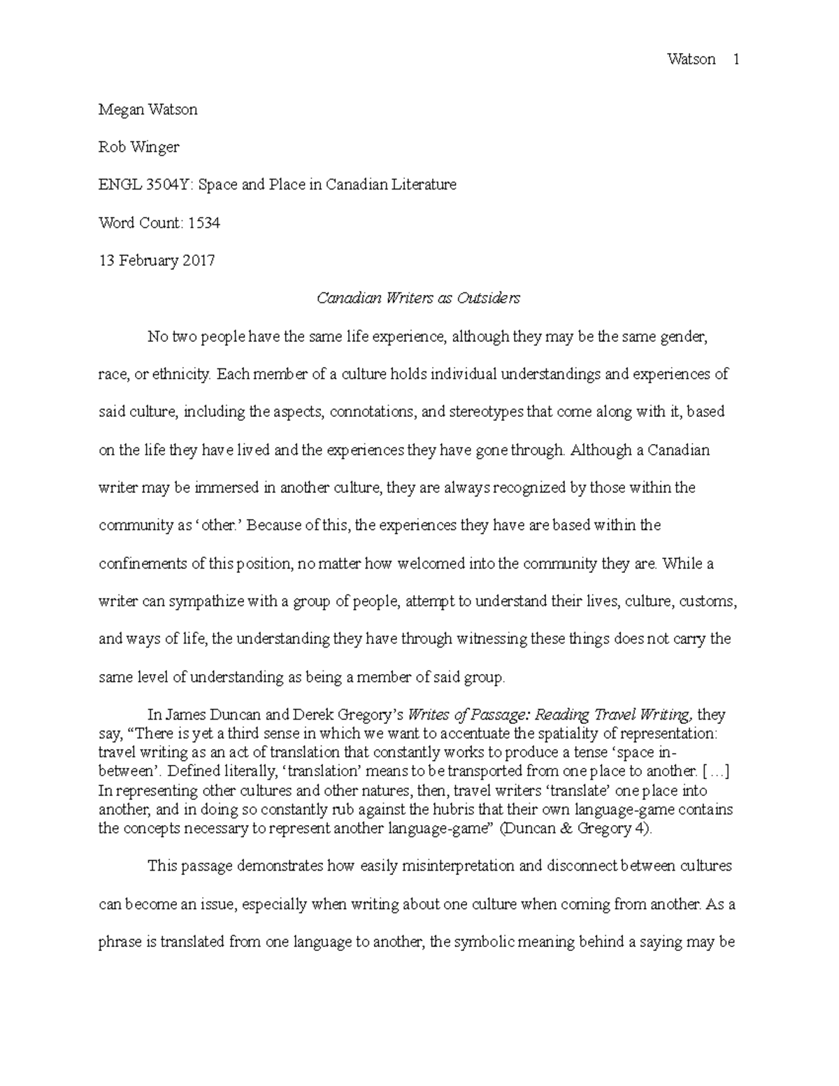 Canadian Writers as Outsiders- Essay 3 - Megan Watson Rob Winger ENGL ...