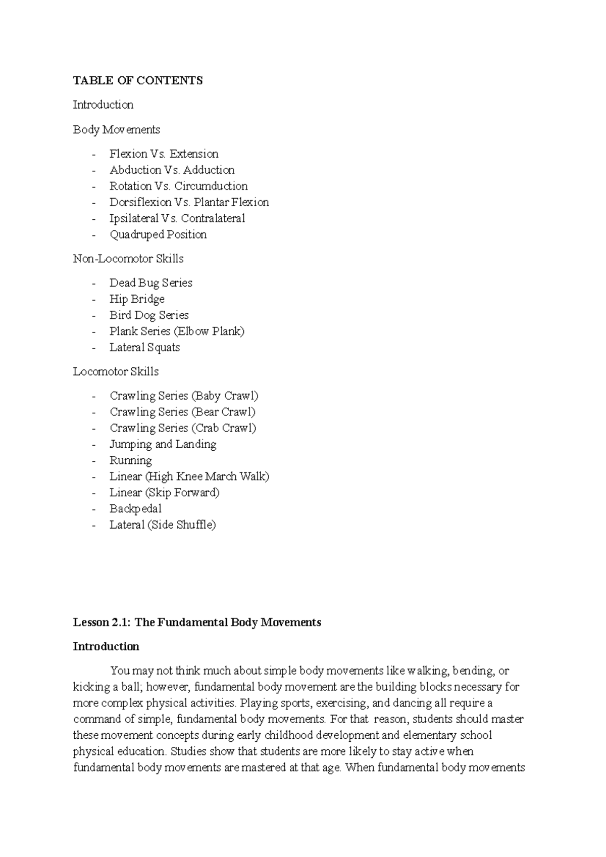 Lesson 2: Fundamental Body Movements - TABLE OF CONTENTS Introduction ...