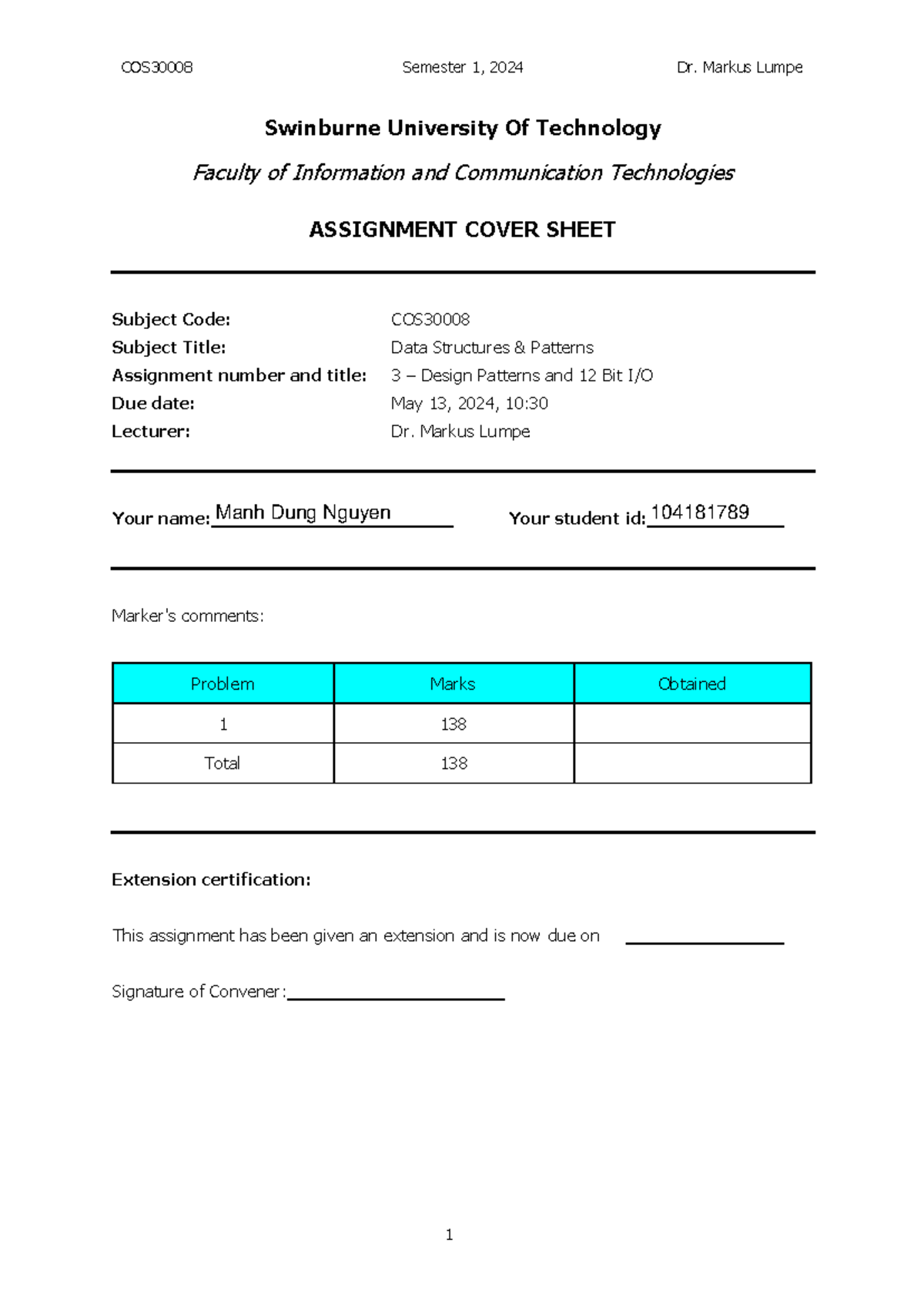 Problem Set 3 - Cover Page - COS30008 Semester 1, 2024 Dr. Markus Lumpe ...