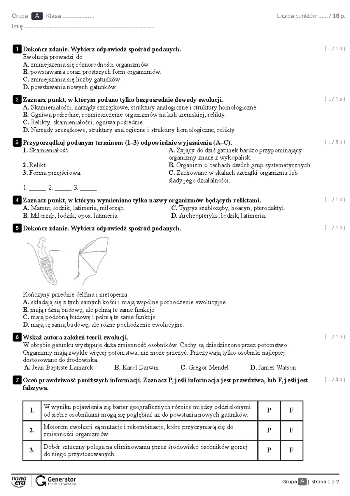 Test II. Ewolucja zycia Test z widoczna punktacja - Grupa A | strona 1