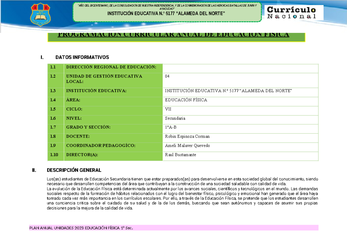 1º Programacion Anual Actualizada - PROGRAMACIÓN CURRICULAR ANUAL DE ...