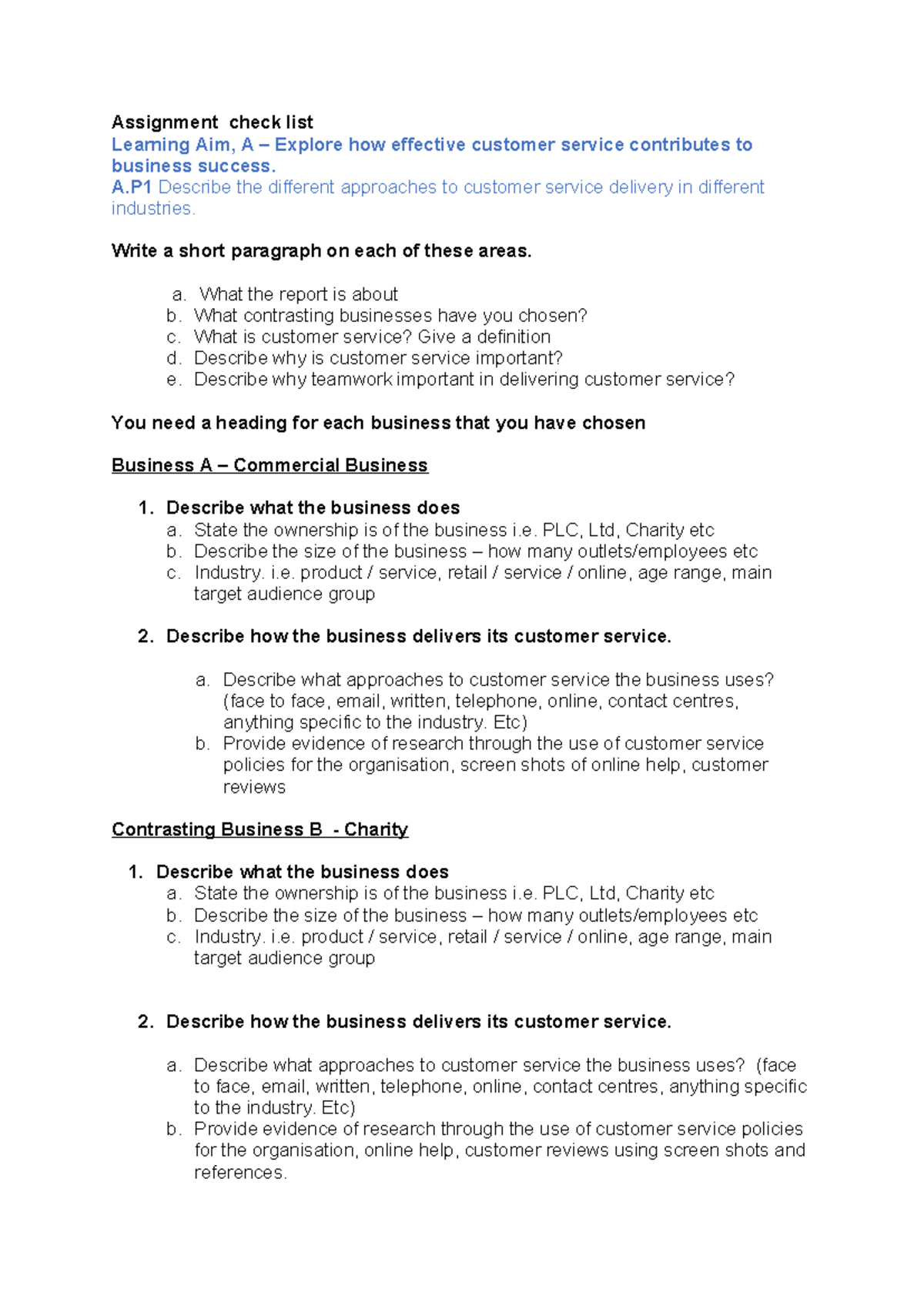Assignment 1 checklist - Assignment check list Learning Aim, A ...
