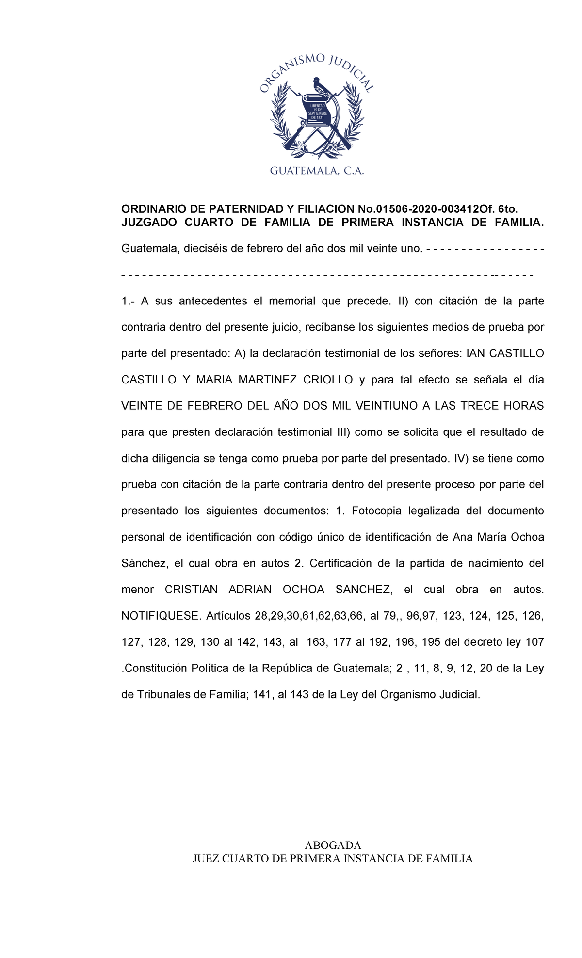 Decreto DE Prueba DE LA Parte Actora - ORDINARIO DE PATERNIDAD Y ...