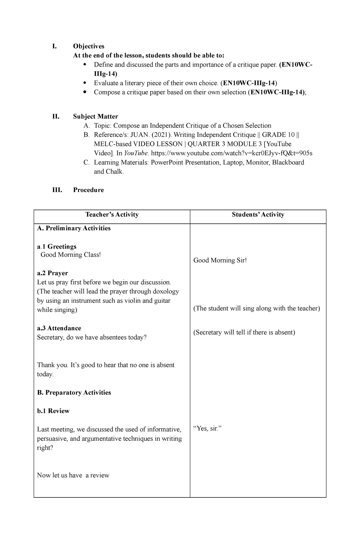 Lesson-PLAN Writing Independent Critique - I. Objectives At The End Of ...