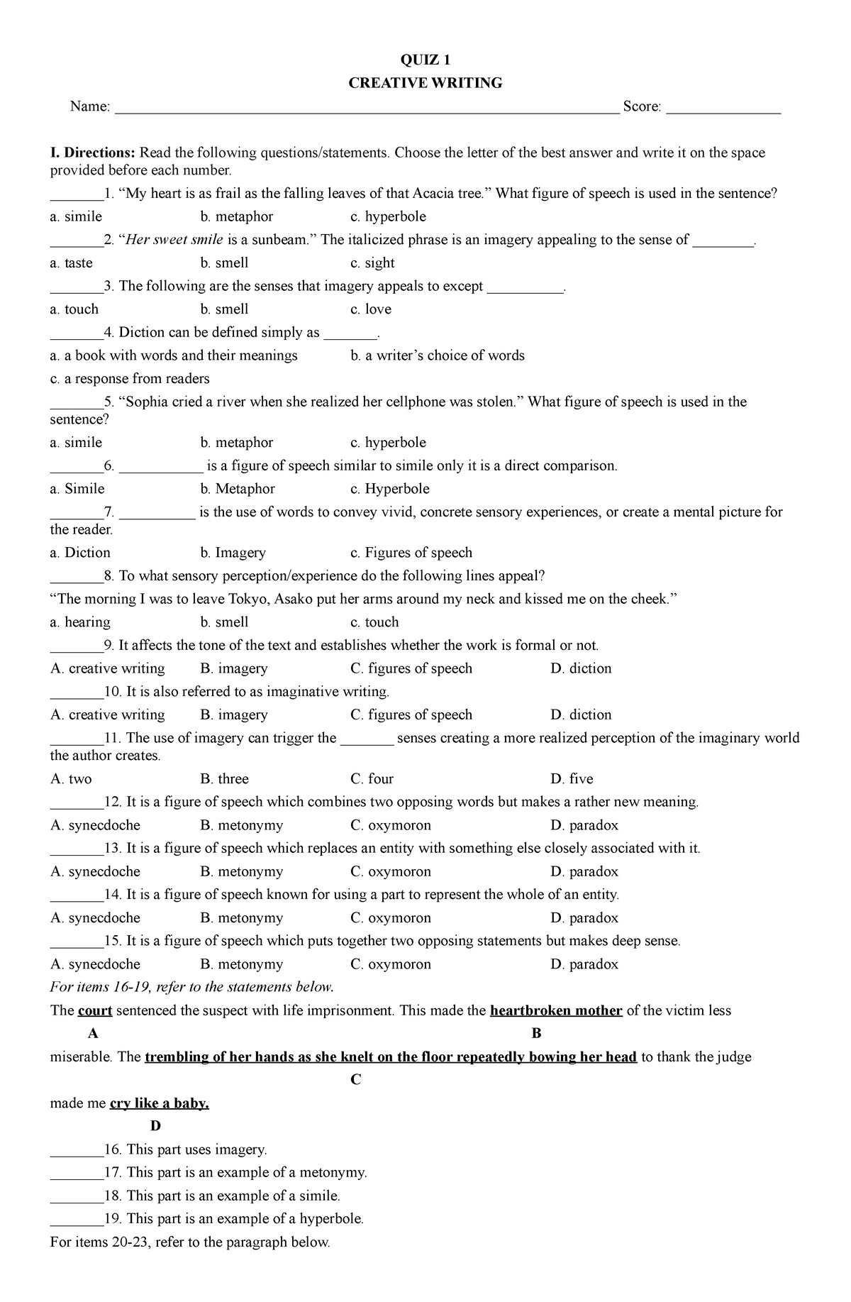 Creative Writing QUIZ 1 - QUIZ 1 CREATIVE WRITING Name: - Studocu