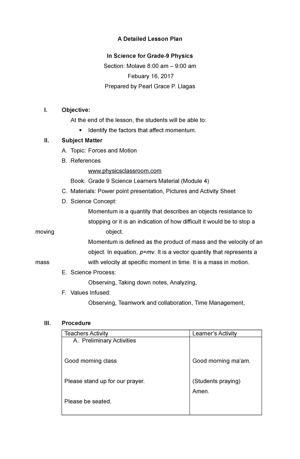 Affecting Momentum Grade 9 A Detailed Lesson Plan In Science For Grade 9 Physics Section 4282