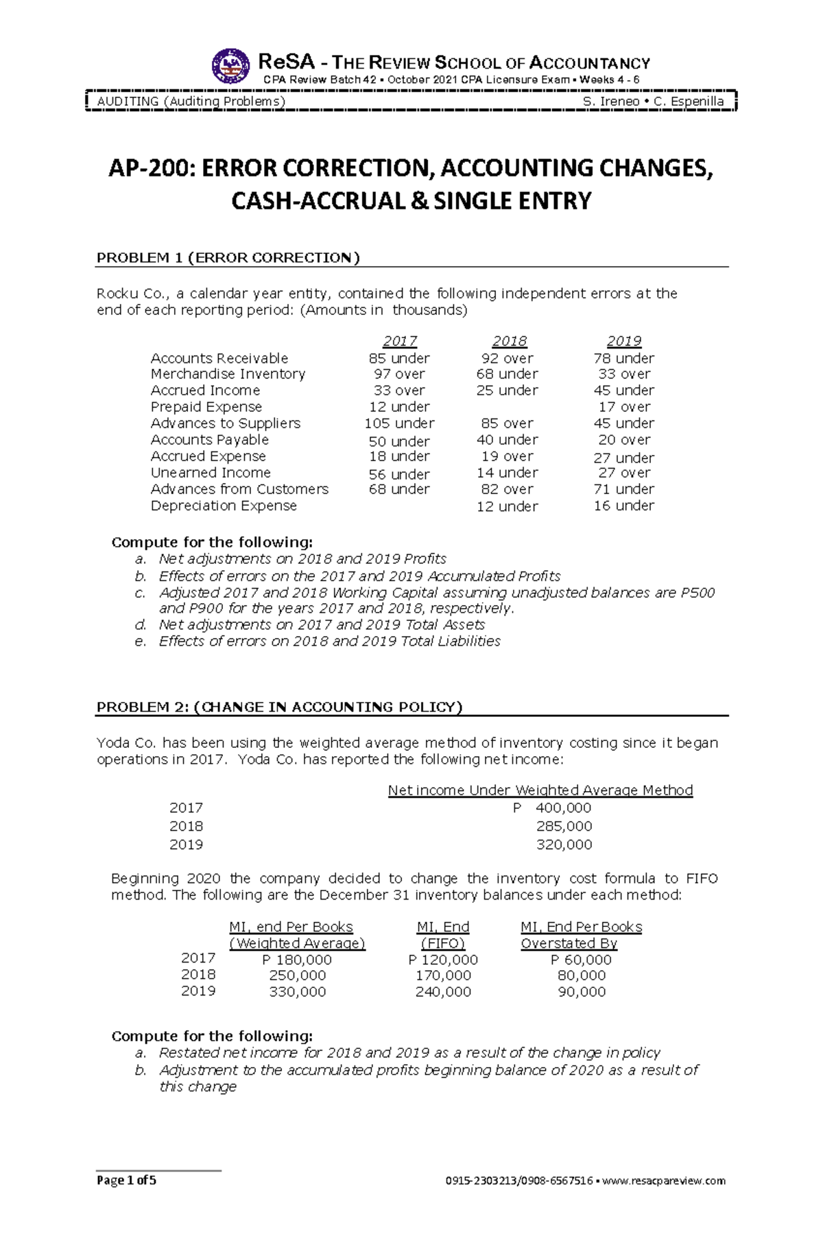 RESA - Error Correction, Accounting Changes, Cash Accrua, Single-Entry ...