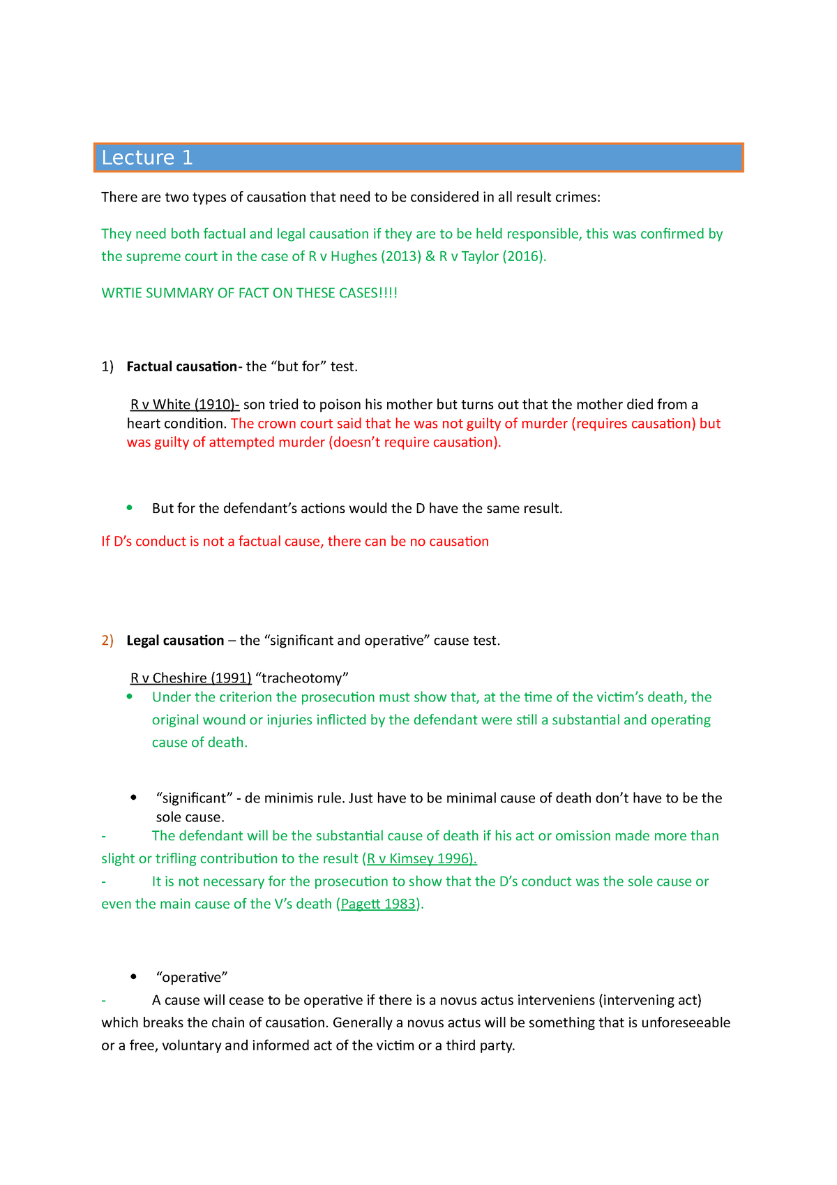 Causation Lecture Notes - CAUSATION IN CRIMINAL LAW Lecture 1 There Are ...