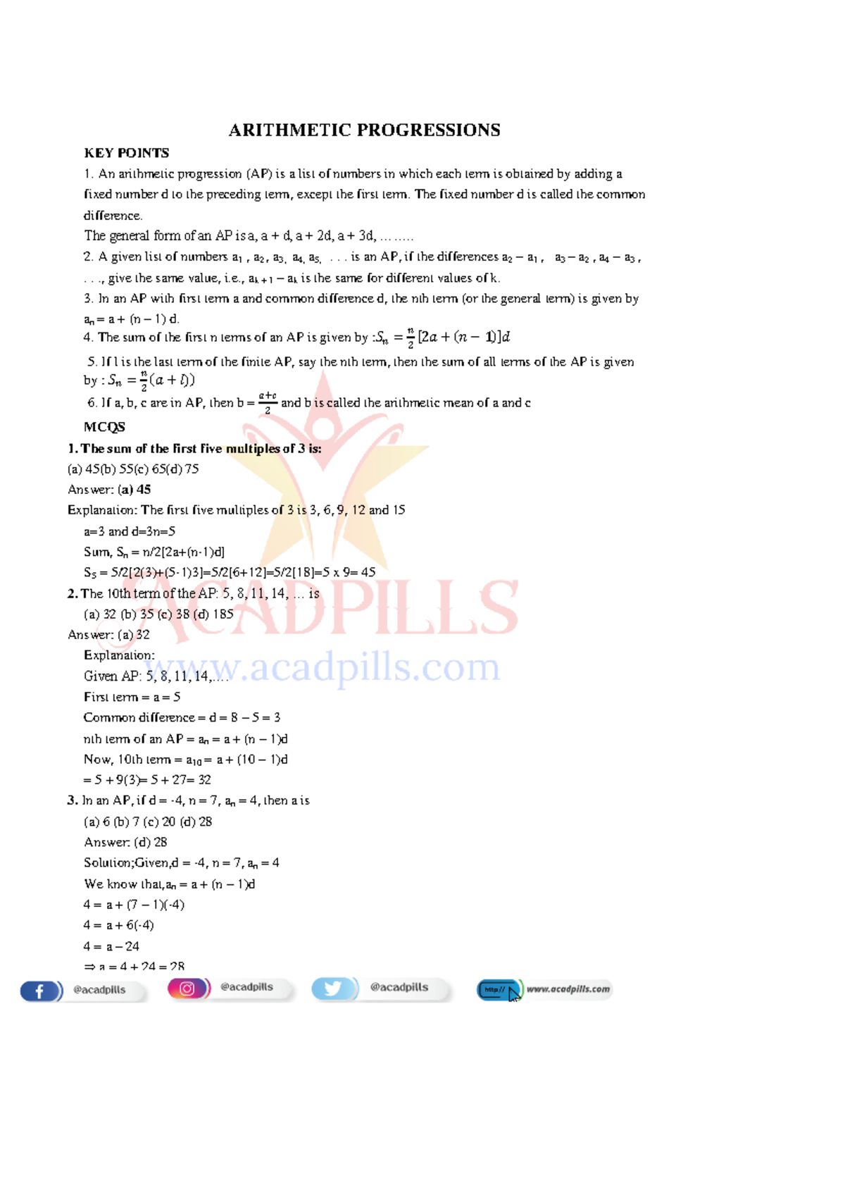 Arithmetic Progressions - ARITHMETIC PROGRESSIONS KEY POINTS An ...