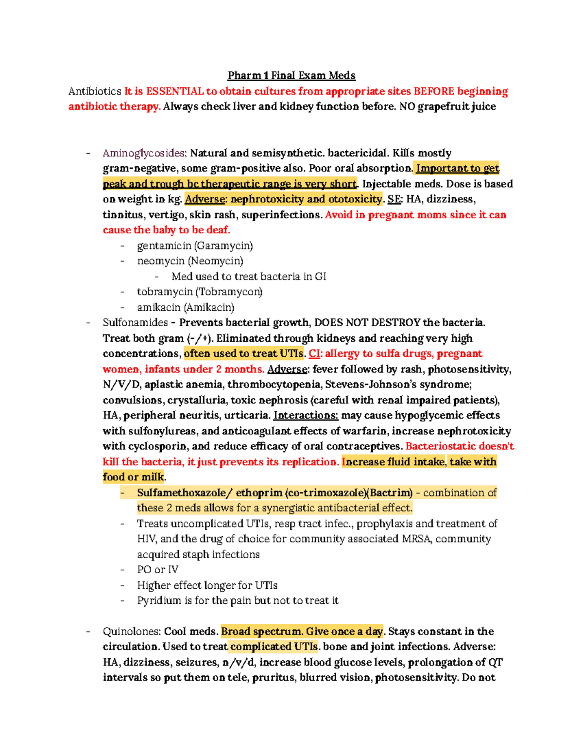 Pharm 1 Final - Pharm 1 Final Exam Meds Antibiotics It is ESSENTIAL to ...
