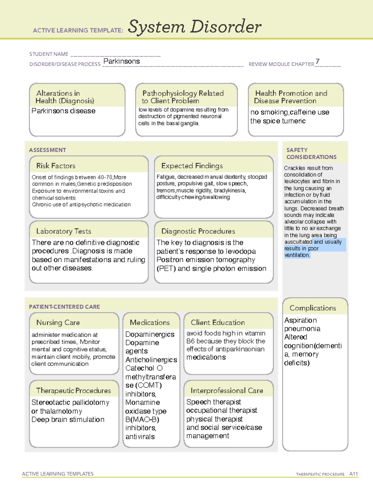 Parkinson's Disease System Disorder Template