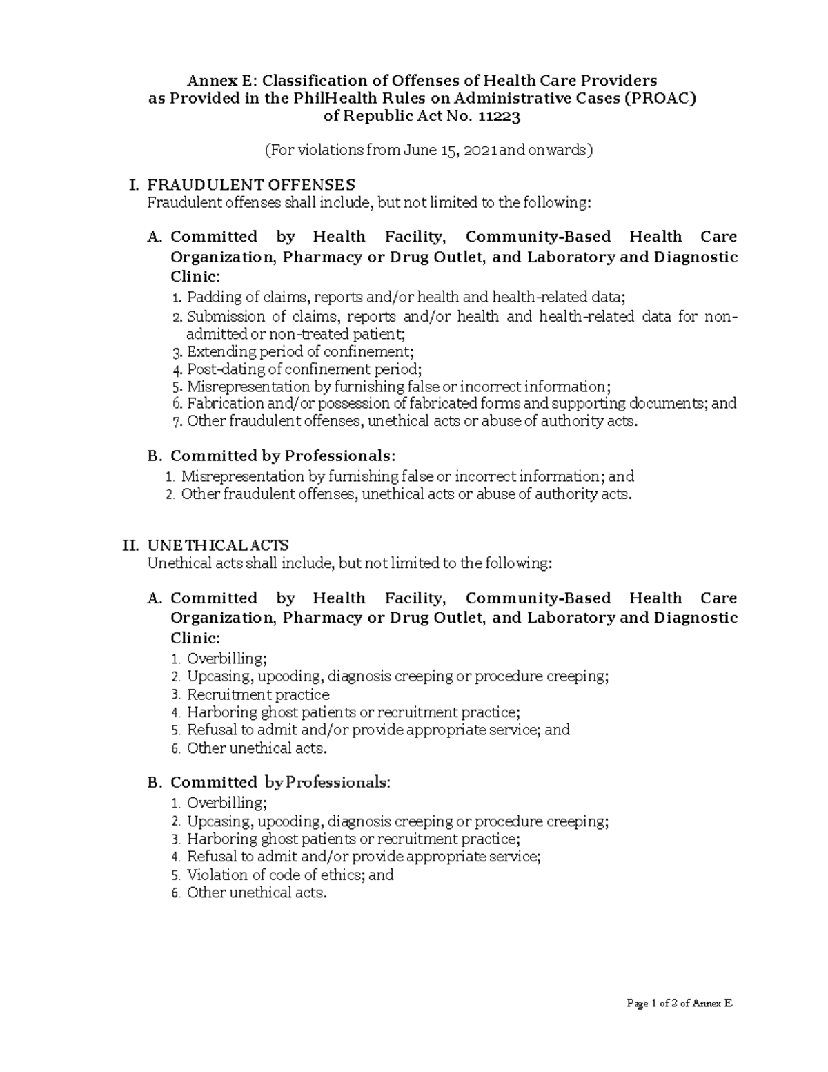 Annex E Classification Of Offenses Of Health Care Providers - 11223 ...
