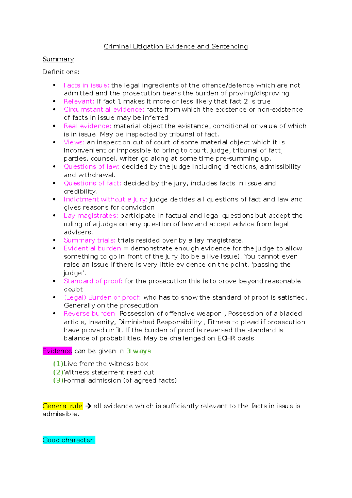 Crim - Summary Law - Criminal Litigation Evidence and Sentencing ...