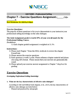 Professional Selling Ch 2 Assignment - Chapter 2 – Exercise Quesions ...
