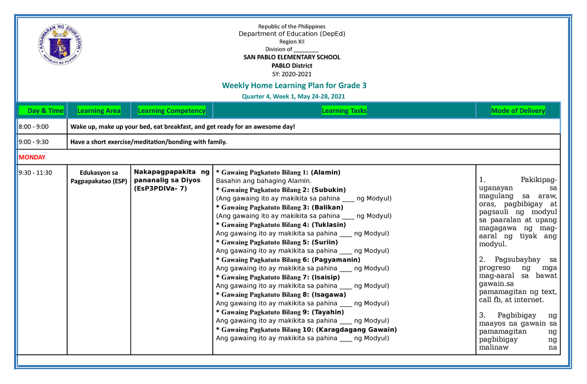 Grade 3 ALL Subjects WHLP Q4 W1 - Weekly Home Learning Plan For Grade 3 ...