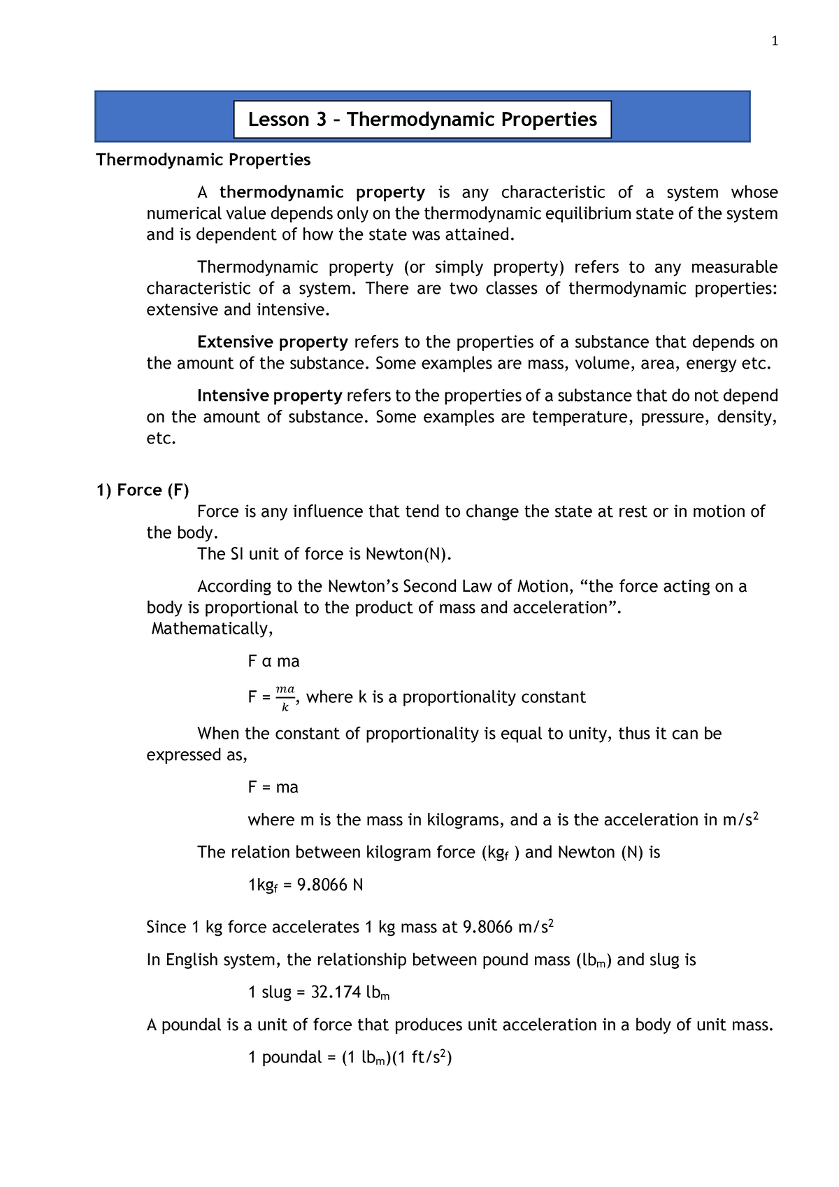 Module 1 ( Lesson 3 AND 4) - Thermodynamic Properties A Thermodynamic ...