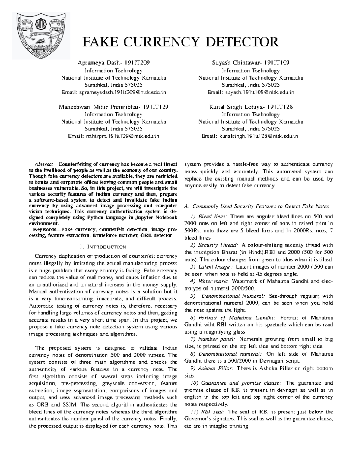 FAKE Currency Detector Report FAKE CURRENCY DETECTOR Aprameya Dash